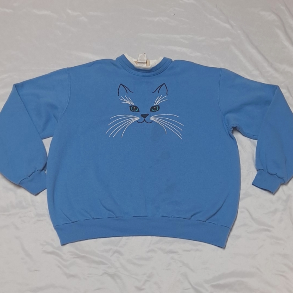 Vintage 90's Embroidered Cat Mock Neck Sweatshirt- STAINS Great to‎ Upcycle